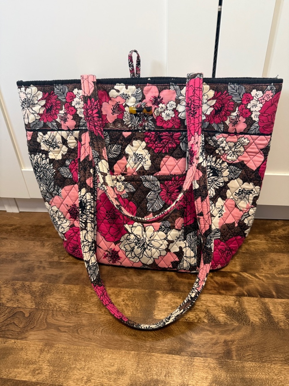 Vera Bradley Pink & Black Quilted Floral Tote with Free Pochette.